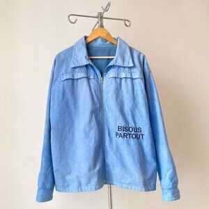 🌿 Handmade Boxy Fit Light Blue Cotton “Bisous Partout” Hand-Dyed Bomber Jacket